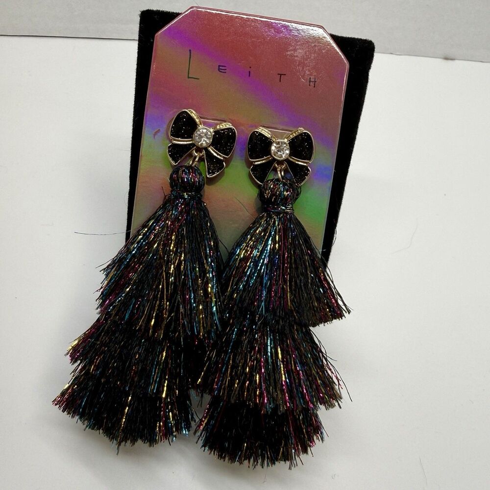 Leith Black Tassel With Multi Color Thread & Enamel Bow Rhinestone Earrings New